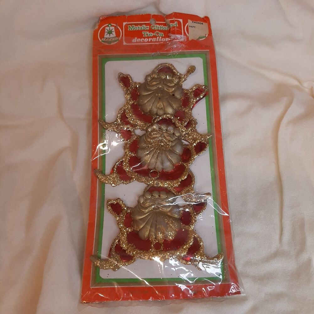 Vtg Commodore Metalic Glittered Tie-On 3 pc SANTA Christmas Decorations 3729C